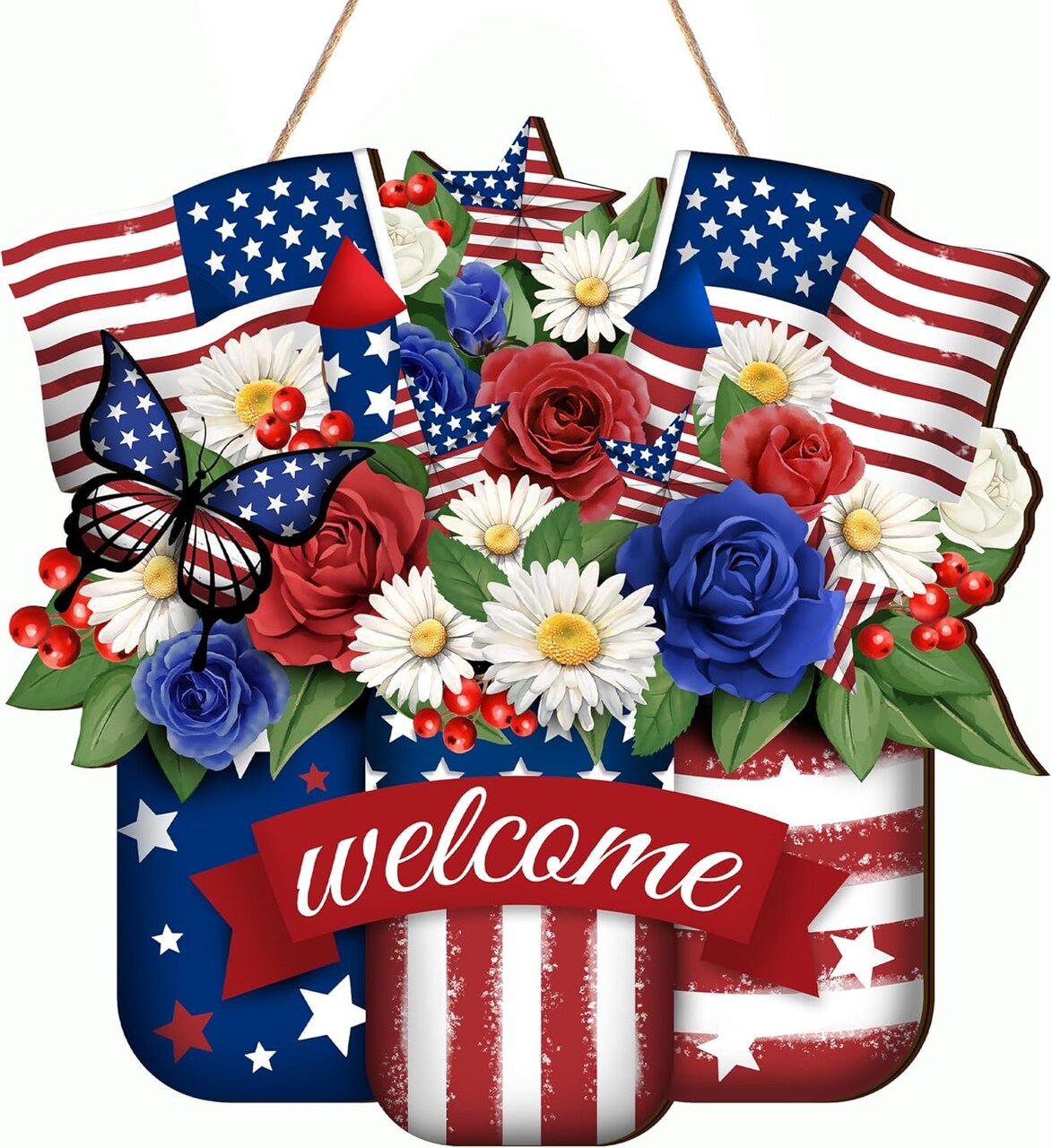 4th of July Door Sign Independence Day Wreath Patriotic Door Decoration Flower US Wooden Sign for Memorial Day Front for Door Decor 12 Inch Outdoor